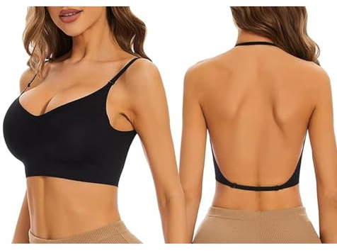 Femmes Soutien Gorge Dos Nu Invisible Soutien Gorge sans Armature Coutures légèrement doublé,Push-Up Dos Ouvert à découpe Basse, Convertible en Soutien-Gorge Dos Nu Multiway Halter (Noir, 70ABC)