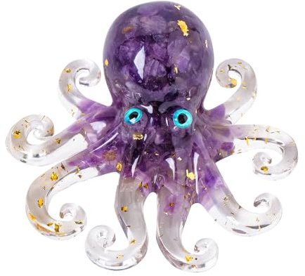 RJINGSHI Octopus Decor Aquarium Amethyst Gravel Decorative Resin Glass with Natural Crystal Stone Marine Animals Fish Tank Ornaments Statue Healing Home Decor Ladies Gift 3.93