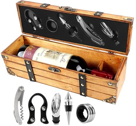 cailion Boîte de Bouteille de vin avec Ensemble d'accessoires de vin,Boîte à vin Vintage en Bois,Ensembles de Sommelier avec Ouvre-Bouteille,Bouchon de vin (Antike)