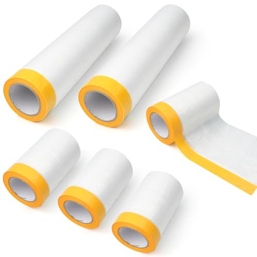 Lot de 6 rouleaux de film de masquage pour peintres, 52 m² pré-collés, ruban adhésif et drapé, feuilles en plastique étanche à la poussière, rouleau de film de protection automobile pour couvrir la