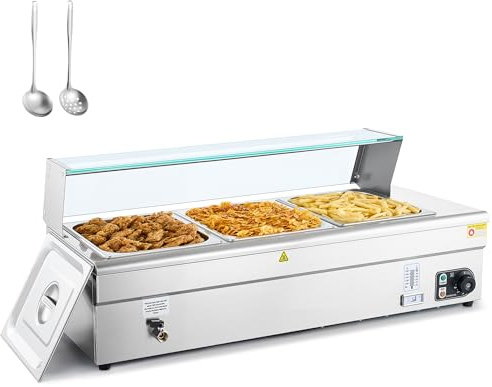 WILPREP 1500W Scaldavivande Commerciale con 3 Vasca da 1/2,Scaldavivande Elettrico con Paraspruzzi, Temperatura Regolabile e Spegnimento Automatico in Acciaio Inox per Buffet, Hotel e Catering