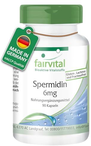 fairvital Spermidin 6mg, 90 kapslar, lättsvälta, från vetegroddsextrakt, kvalitetskontrollerade och högdoserade, 100% veganska, tillverkade i Tyskland