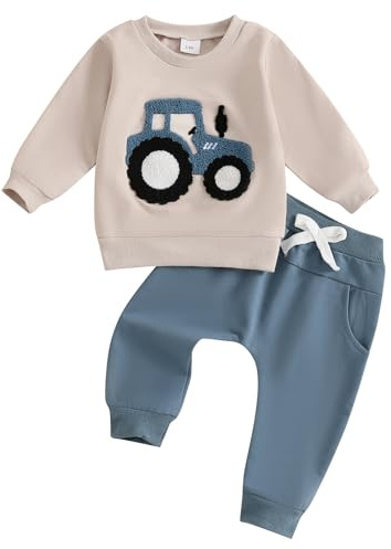 Toddler Baby Boy Outfits Tractor Embroidery Long Sleeve Sweatshirt Trousers Baby Clothes for Boys (Blue, 18-24 Months)