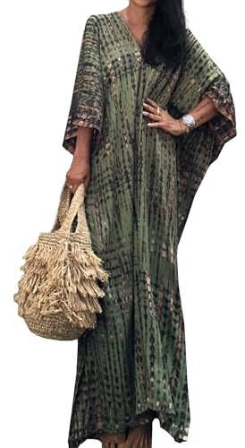 Moss Rose Women Summer Caftan Coverups Dress Kimono Beach Vacation Wear V Neck Print Maxi Boho Dress A Green