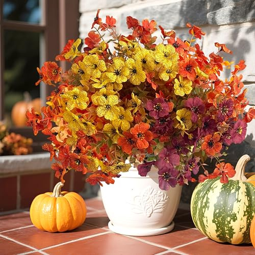8 Bundles Autumn Artificial Flowers Outdoor UV Resistant Plastic Faux Flowers 4 Colors Fall Fake Flowers,No Fade Artificial Plants Outdoor Greenery Boxwood For Garden Porch Patio Autumn Decor