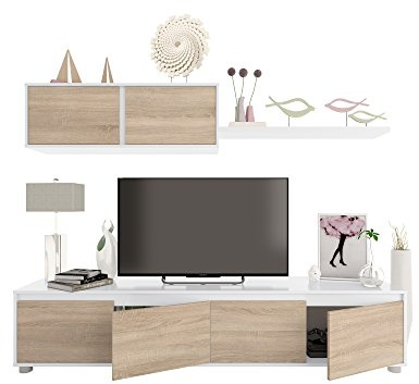 Arreditaly Parete Attrezzata Da Soggiorno Mobile TV 4 ante Pensile Con Pistoni A Gas E Mensola Sospesa Design Moderno Salvaspazio Salotto Odessa 200 x 43 x 41 Cm Bianco Lucido E Rovere