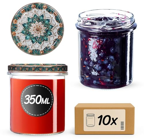 KADAX syltburkar 350 ml med fi82 mm skruvlock, små glasburkar med lock, fallburkar för konservering, konservering, skruvglas (grön/guld, 10 stycken)