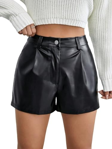 SOLY HUX Pantaloni corti da donna in pelle PU, con chiusura lampo, effetto pelle, a vita alta, mini pantaloncini da festival, Nero , S