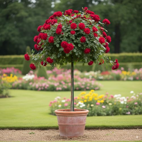 Stammrosen - 120 cm - Geeignet für Töpfe und Freiland - Ideal für Balkon, Terrasse, Kleiner Garten (Scarlet)