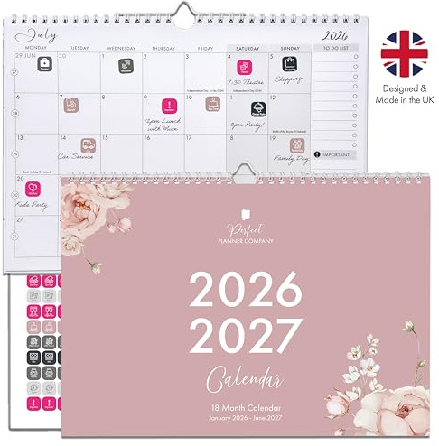 Family Wall Calendar 2026-2027 A4 with Stickers. Month to View, January 26 to June 27 (18 Month) Family & Couples Calendar Organiser, Student, Home & Office. Perfect Planner Company.