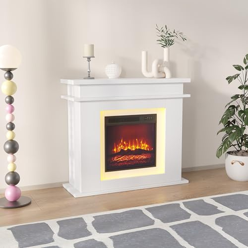 Chimenea eléctrica de pared, chimenea eléctrica de pared con efecto llama LED 3D, chimenea decorativa independiente con color y LED ajustables, calefacción eléctrica (blanca, 101 x 35 x 89)