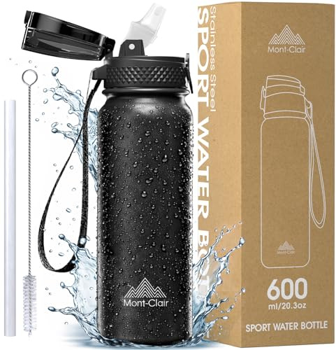 Sport Water Bottle Borraccia in Acciaio Inossidabile con Cannuccia, 600ml