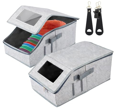 Hanlintk Set di 2 organizer per cappelli da baseball, impilabile con coperchio trasparente e superficie in lino traspirante, salvaspazio, per riporre fino a 48 tappi