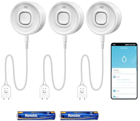 Water Alarm Leak Detector, Water Leak Detector with Cable, 100dB Adjustable Sound Alarm & Real-Time App Alerts WiFi Water Sensor for Home, Kitchen, Bathroom, Warehouse, 3 Packs