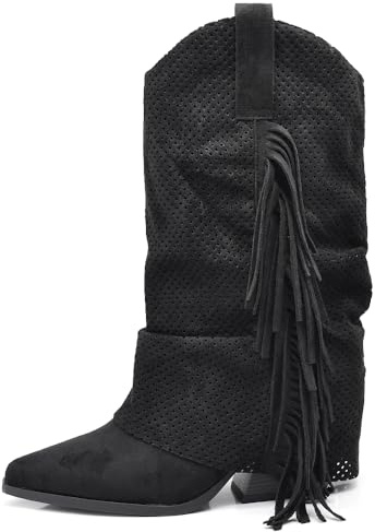 IF Stivaletti Texani Donna Arricciati con Effetto di Sovrapposizione, Decorazione Esterna Traforata, Frange e Tacco Medio G713 nero N.38