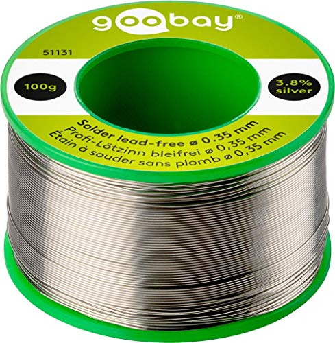 Goobay 51131 Lötzinn bleifrei ø 0,35mm Lötdraht mit Flussmittel, 3.8 % Silber & 0.7 % Kupfer, 217 °C Schmelzpunkt, Löt Zinn bleifreies Löten, 100g