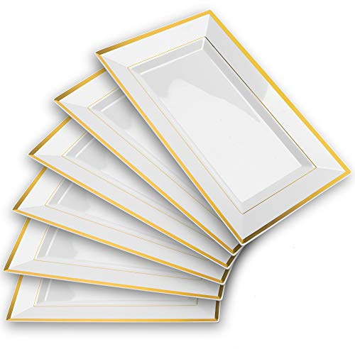 Mint Living - Elegant Plastic Serving Tray & Platter Set (6pk) - White & Gold Rim Disposable Serving Trays & Platters for Food - Weddings, Upscale Parties, Dessert Table, Cupcakes - 8 x 12.85 inches
