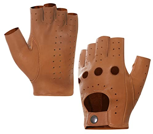 Harssidanzar Herren Fingerless Half Finger Leder Fahrhandschuhe Lammfell Ungefüttert Upgrade GM032EU, Bräunen,GrößeL