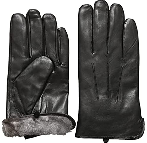 Men's Black Warm Luxury Rabbit Fur Lined Soft Genuine Leather Gloves For Winter (M) (2053)