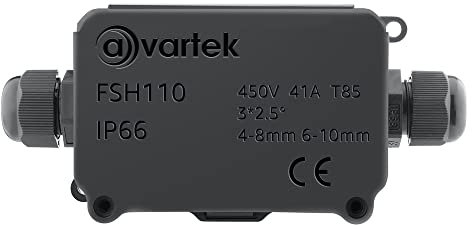 AVARTEK - IP66 Junction Box Waterproof, 2-Way Outdoor Extension Electrical Cable Protector, PG9 Connector Gland, Cable Diameter Ø 4mm-8mm (Black)