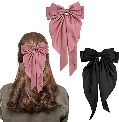 Bow Hair Clip, Hair Bows for Women Big Bowknot Hairpin French Hair Clips with Long Ribbon Solid Color Barrette Clips for Women Girls(Black+Pink)
