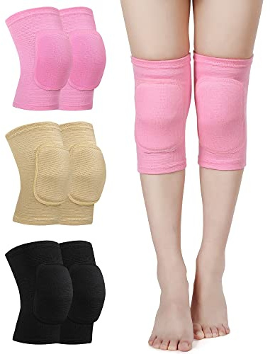 Eurzom 3 Pairs Dance Knee Pads Women Protective Non-Slip Knee Pads for Yoga Cheerleading Pole Floor Dance Volleyball(M,Black, Skin, Pink)