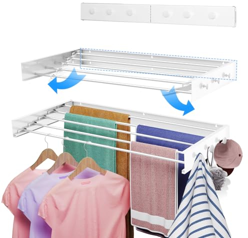 kenvc Estante de Secado de Ropa Plegable con 6 Ganchos de Perilla, 31.5 Pulgadas de Ancho, 5 Varillas de Aluminio, Capacidad de 40 Libras para Interiores y Exteriores (31.5 Pulgadas, Gancho Circular)