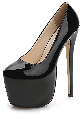 Damer 18 cm hög klack sexiga stilettpumps 8 cm plattform hög klack enfärgade slip-on läderpumps, svart, 39 EU