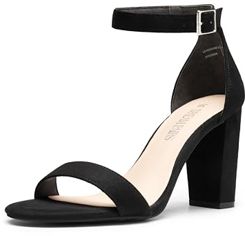 DREAM PAIRS Sandalia de Vestir para Mujer con Alta Tacón Ancho Zapatos de Tacón Clásicos de Punta Redonda con Hebillas y Tiras Verano,Size 38,Ante Negro,SDHS2434W-E