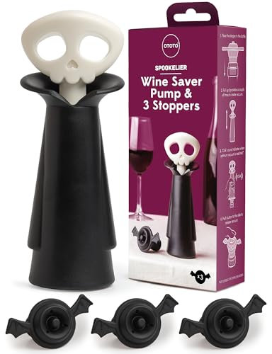 OTOTO Spookelier Pompe à vin et 3 bouchons de vin – Bouchons de bouteille de vin pour bouteilles de vin, bouchons de vin sous vide, accessoires gothiques effrayants, crâne amusant, Halloween, cuisine