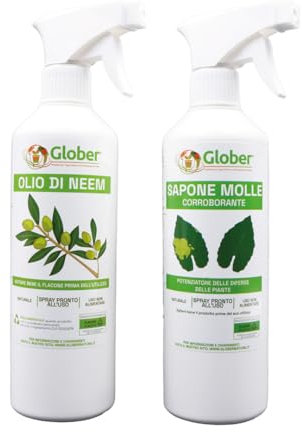 GLOBER Olio di Neem + Sapone molle Spray 500ml - Pronto all'uso - Protegge Piante Orto e Giardino - Naturale ed Ecologico (2x500ml)
