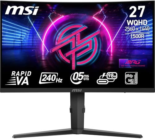MSI MPG 275CQRXFDE 27-Zoll-WQHD-Gaming-Monitor mit gebogener Oberfläche – Rapid VA Panel mit 1500R 2560 x 1440, 240 Hz / 0,5 ms (GtG, Min.), Adaptive Sync – DP 1.4a, HDMI 2.0b CEC