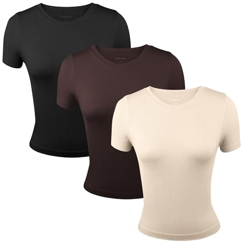 Common Stitch 3 Pack Stretch Workout Tee Shirts for Women, Ribbed Crewneck Womens Short Sleeve Yoga Tees (Available in Plus)