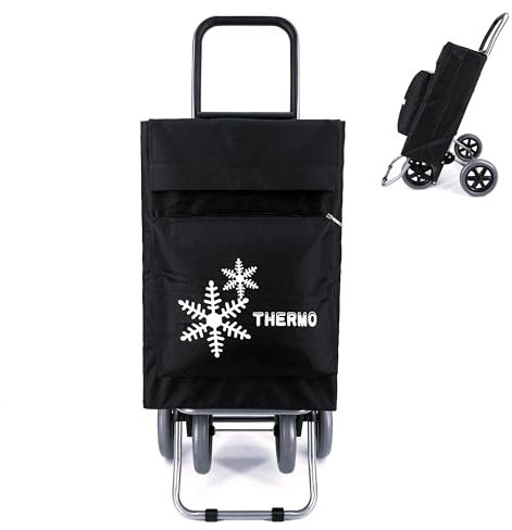Carro de la Compra Plegable con Bolsa Térmica 4 Ruedas para Subir Escaleras, Carrito del Mercado, Bolsa Impermeable isotérmica de 44L litros. (Negro)