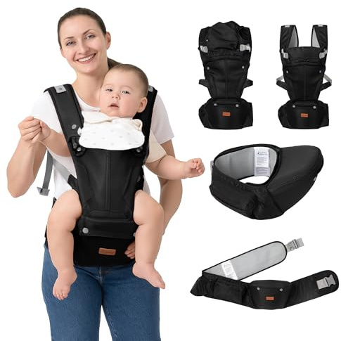 BabbleRoo 6-in-1 Babytrage mit Hüftsitz – Ergonomische & Verstellbare Trage für Neugeborene & Kleinkinder (3,2–22,7 kg), mit Rückenstütze & Sonnenhaube – Schwarz