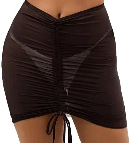 TTPSRY Pareo de Playa para Mujer Traje de Baño Semitransparente Envoltura de Bikini Falda Corta con Cordón Fruncido Gasa(Negro S)