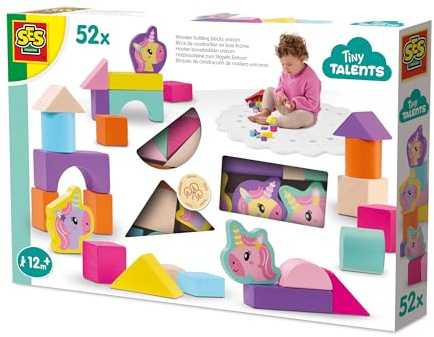 SES Creative 13251 Blocs de Construction en Bois - Licorne - Jeu Créatif pour Enfants dès 12 Mois - Inclut des Blocs colorés et des Licornes - Idéal pour développer la motricité