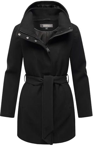 MARIKOO Damen Langer Trenchcoat warme Übergangsjacke in Woll-Optik mit Abnehmbarer Kapuze Katalinaa 16 Black Gr. XL
