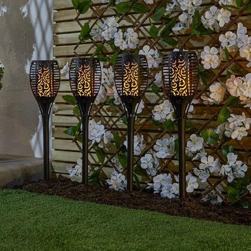 YKM’S 4 Pack Black Torch Garden Stake Solar Lights | Outdoor Flickering Flame LED Solar Lanterns | Weatherproof Pathway Lights for Garden, Patio & Walkways