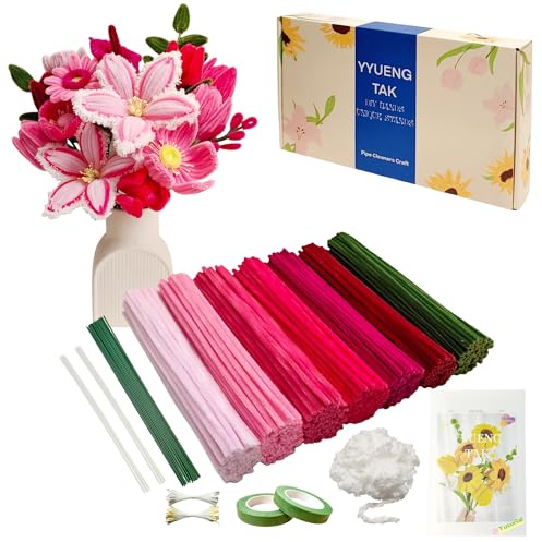 YYUENGTAK 350 Pcs Red & Pink Pipe Cleaners for craft Flower with tutoria，Fluffy Yarn,Floral Wires,Gardening Tape,Stamens-Pipe Cleaner Flower kit,Chenille Stems for DIY Art Projects Creative Gift Decor