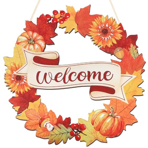 COCHIE Welcome Fall Decorations Sign, Fall Leaves Pumpkins Wood Wreath for Front Door Porch Window Wall Hanging Decor, Orange Autumn Decoration for the Home (Autumn)