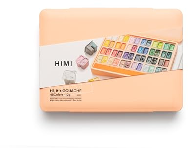 HIMI Twin Cup Gouache Set 48 Paint Colours, Peach Fuzz Case, Add Water to Reactivate, Smooth, Rich Colours, Gift, Artist Art Supplies, Large Scale Art Work to Fine Details, Ready to Use Gouache Colors