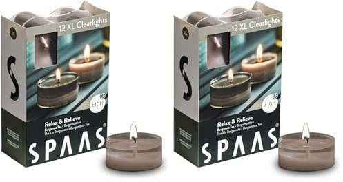 Spaas 12 Maxi Scented Tealights in Transparent Clear Cup, ± 10 Hours, Relax and Relieve (Pack of 2)