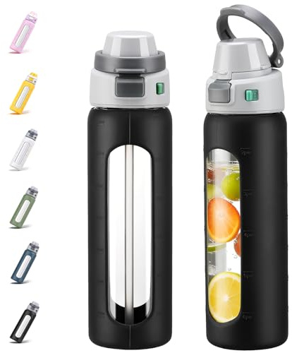 BLUEGO 2-in-1 Borosilicate Glass Water Bottle with Straw for Sports and Travel, 700ml Drinking Bottle with Silicone Sleeve, Leak Proof, BPA Free, Black