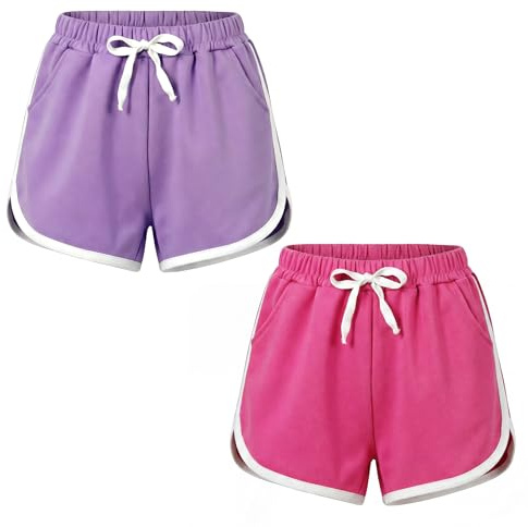 Keyck Girls Sports Shorts 2 Pack Cotton Kids Shorts 7-8 Years, Rose/Purple
