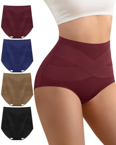 MIOTAN Women's Cotton Underwear Tummy Control Knickers High Waisted 4 Pack | Ladies Cotton Underwear Multipack, Full Brief Coverage, Double Layer Gusset, No Ride Up, X-Cross Tummy Shaping