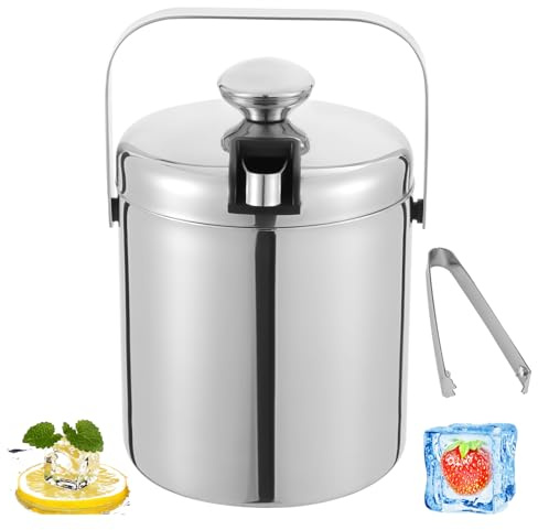 Deinungen 1.3L Secchiello per Ghiaccio con coperchio e pinza, colino,Contenitore rotondo per cubetti di ghiaccio, Doppia Parete in Acciaio Inox,per il raffreddamento di birra e vino