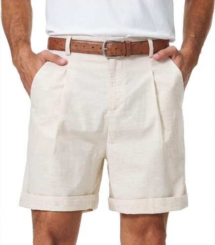 Zetieny Men's Cotton Linen Shorts Lightweight Breathable with 2 Pockets