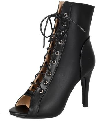 TNMIUH Bottines Peep Toe Simili Cuir Talon Aiguille à Lacets Femmes Noir | Bottines classiques en simili cuir à lacets et bout ouvert. Idéal pour soirée, fête, club ou mode quotidienne