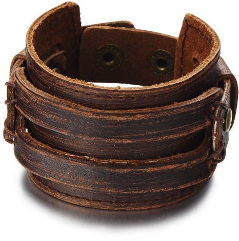 COOLSTEELANDBEYOND Men's Wide Brown Distressed Leather Cuff Bracelet with Snap Button Closure, Multi Wrap Layered Wristband, Vintage Biker Punk Jewelry Gift
